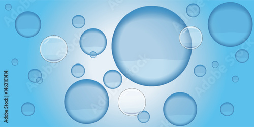 Floating blue bubbles on a white background. Bubbles vary in size, creating a light, airy feel. Blue bubbles add a sense of freshness and purity. Soap bubble element vector set.