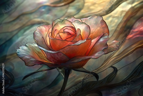 A translucent, artistic rose with vibrant orange hues, against an abstract, flowing background for a dreamy floral image.