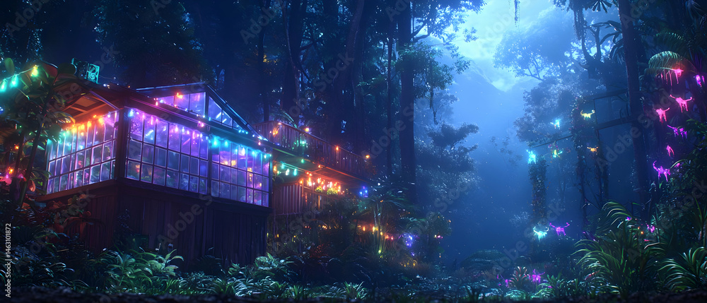 Naklejka premium Mystical Glowing Forest Structures At Night