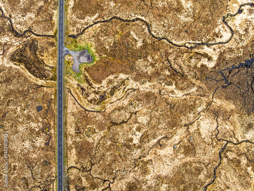 Obraz na płótnie Top Down over Moors and Road A82 over Glencoe Valley from a drone, Highland, Scotland w salonie