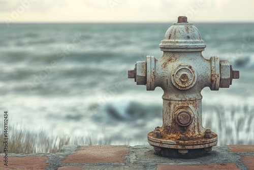 An old, weathered fire hydrant stands on a brick base overlooking the ocean against a cloudy sky. photo