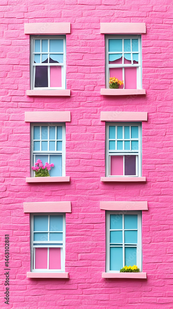 Obraz premium A vibrant pink building facade with multiple windows, various shades of blue and pink