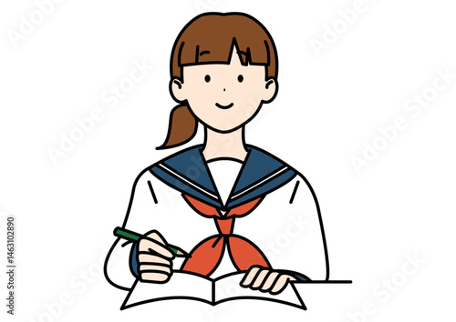 勉強する高校生 セーラー スカーフ ポニーテール