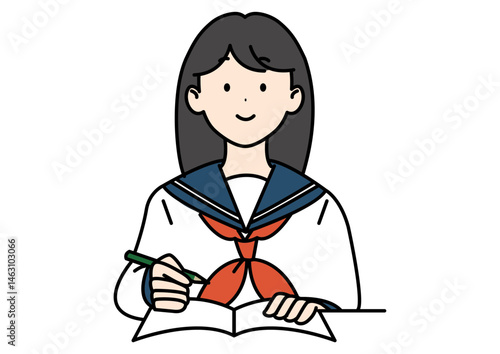 勉強する高校生 セーラー スカーフ 黒髪ロング