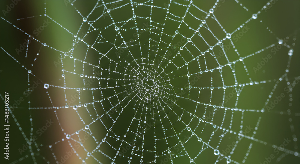 Obraz premium Dewy Spiderweb Glistening In The Early Morning With Natural Greenery