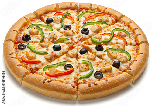A delicious pizza with chicken, bell peppers, and olives cut into slices on a white background