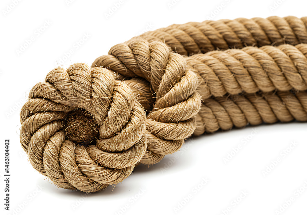 A close up of a thick brown rope with a knot on a white background in a studio setting view from above A close up of a thick brown rope with a knot on a white background in a studio setting view from above