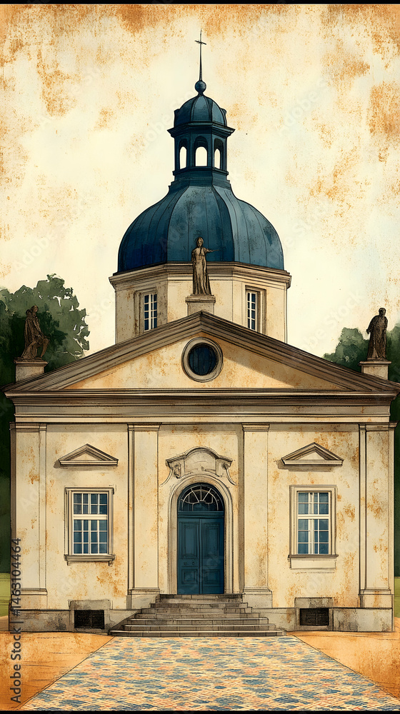 Elegant, light beige chapel with a dome, set in a landscaped garden Elegant, light beige chapel with a dome, set in a landscaped garden