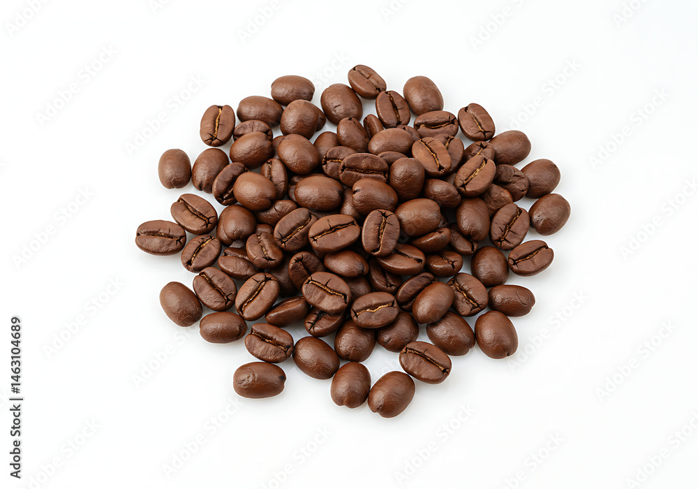 Naklejka premium A close up of a pile of coffee beans on a white background showing the texture and rich brown color