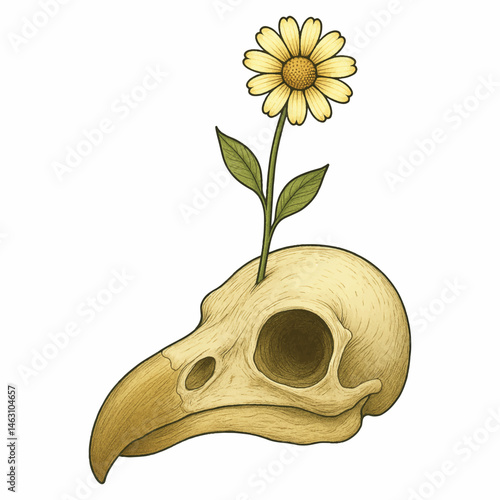Dodo Skull with Blooming Wildflower Vector – Symbol of Extinction and Hope