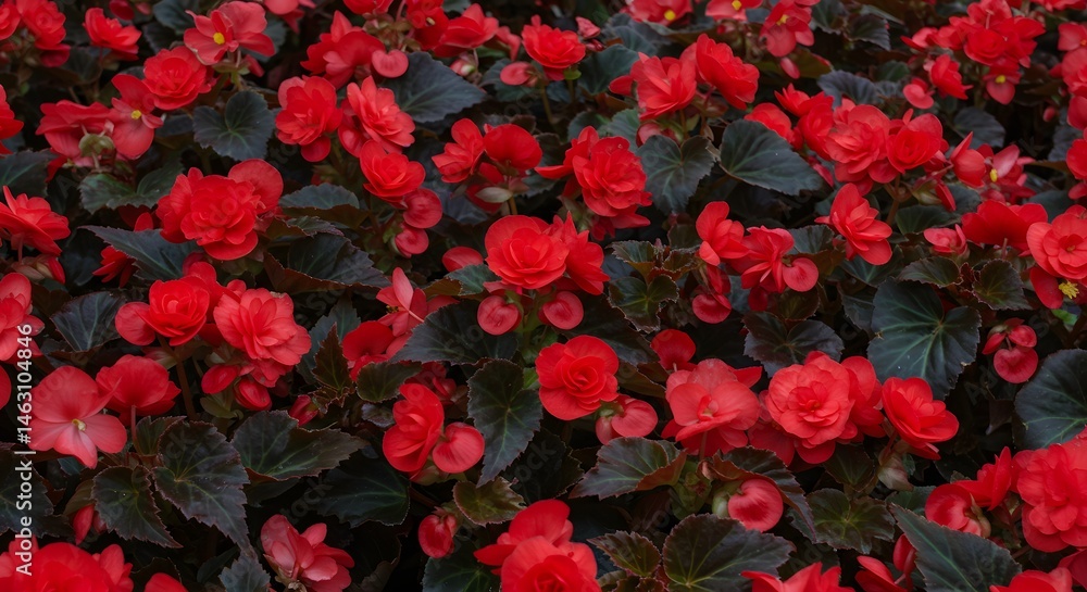 Blooming Red Flowers and Dark Leaves in a Garden Bed Blooming Red Flowers and Dark Leaves in a Garden Bed