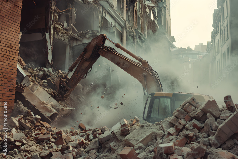 Fototapeta premium Industrial Excavator Demolishing Old Building Amidst Urban Ruins