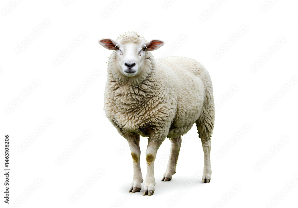 A full body shot of a white sheep standing on a white background looking directly at the camera with wool A full body shot of a white sheep standing on a white background looking directly at the camera with wool