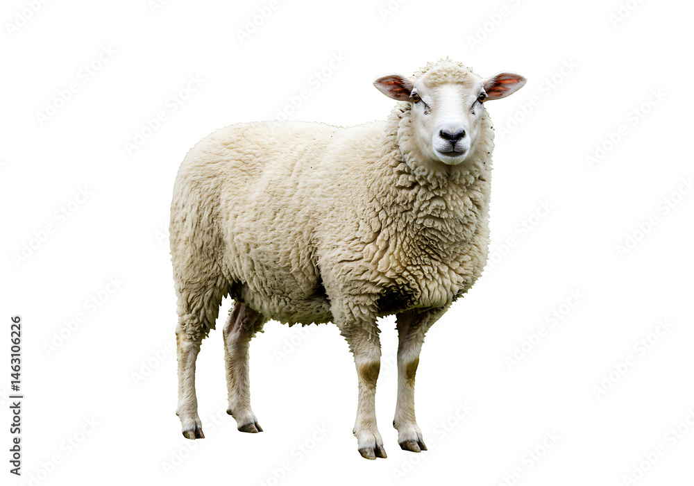Fototapeta premium A full body shot of a sheep standing on a white background looking directly at the camera with wool