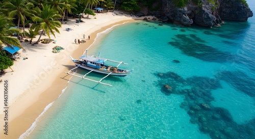 Boat Anchored on Tropical Beach with Clear Turquoise Water Aerial View