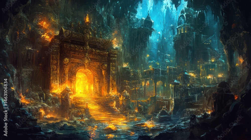Fototapeta premium Enchanted cavern with glowing entrance and mystical ruins