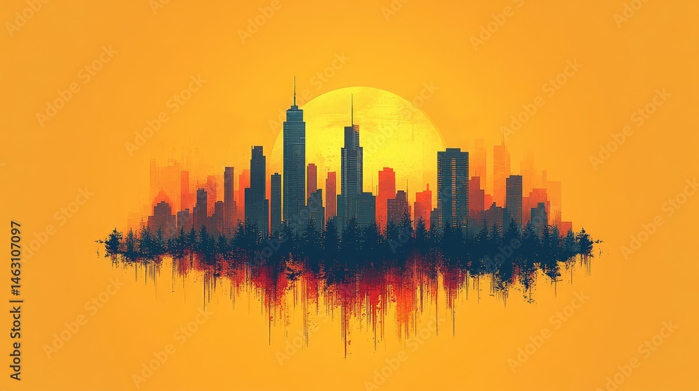 Obraz premium Cityscape silhouette against a vibrant sunset backdrop. A stylized city with a mirrored reflection on an orange background