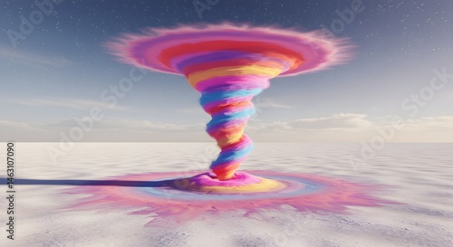 A colorful tornado with pinks blues and yellows in a desert landscape under a pastel sky with stars