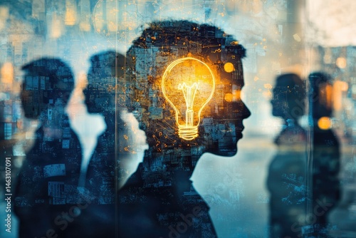 Abstract image showcasing a group of silhouettes with a glowing lightbulb symbolizing innovation and collaborative thinking.