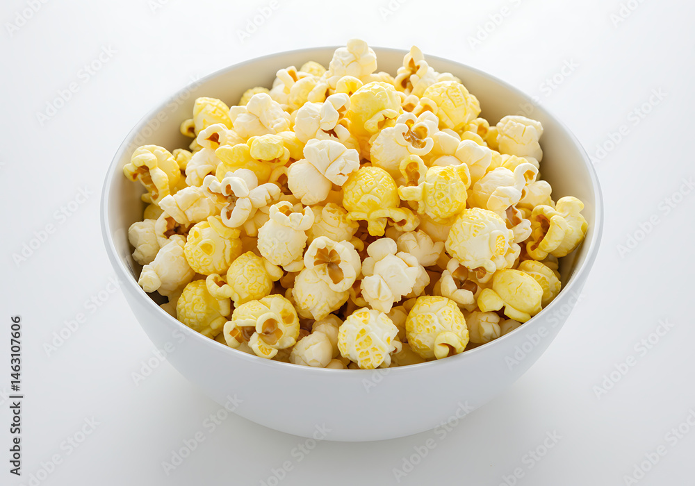 A close up shot of a white bowl filled to the brim with freshly made yellow and white popcorn pieces A close up shot of a white bowl filled to the brim with freshly made yellow and white popcorn pieces