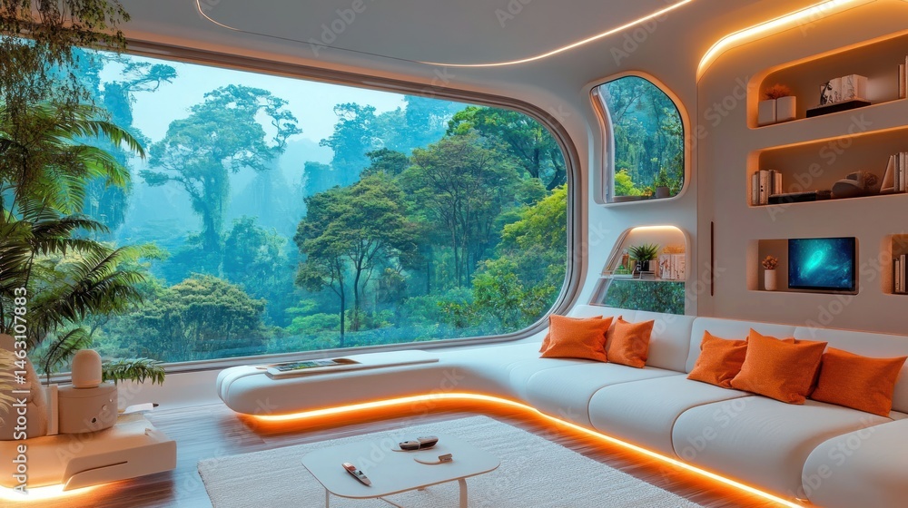 Fototapeta premium Modern living room with large window showcasing lush forest view