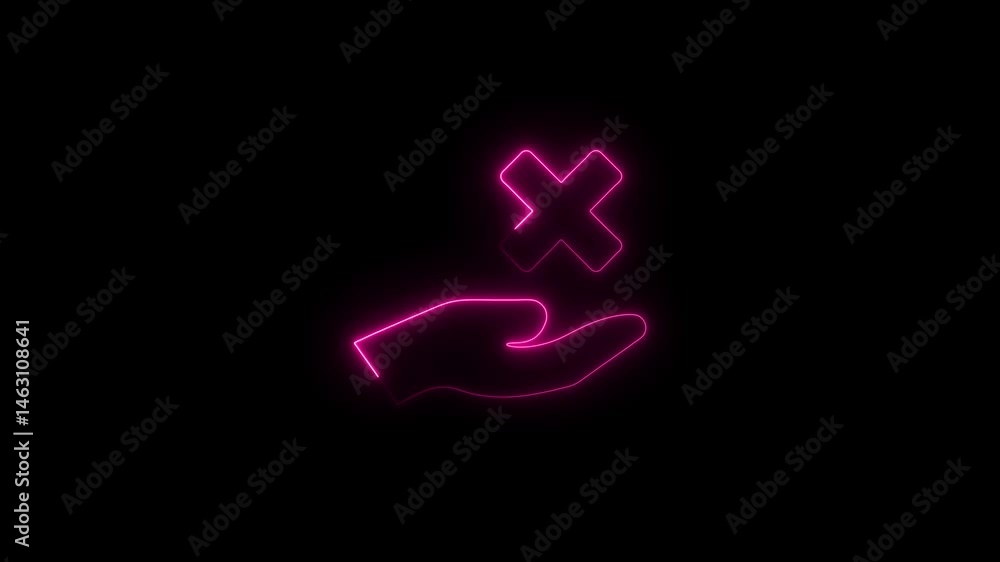 Neon hand holding reject cross symbol glowing on dark background animation Neon hand holding reject cross symbol glowing on dark background animation