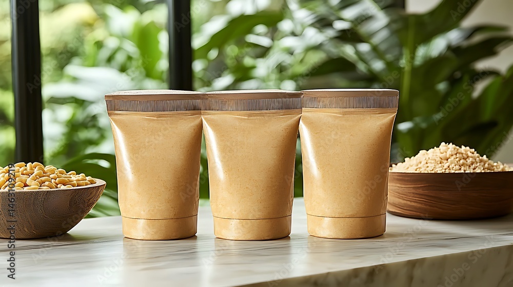 Fototapeta premium Three containers of creamy nut butter displayed on a marble countertop surrounded by ingredients