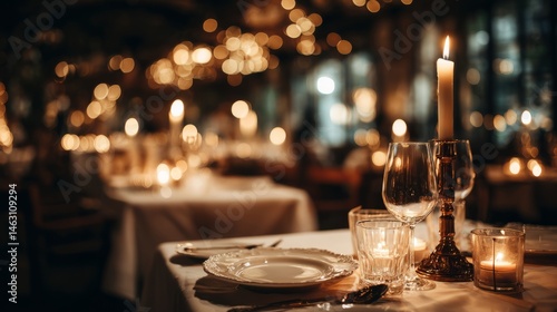 Fototapeta Naklejka Na Ścianę i Meble -  Romantic dinner table with candlelight and fine china, evoking timeless love and elegance
