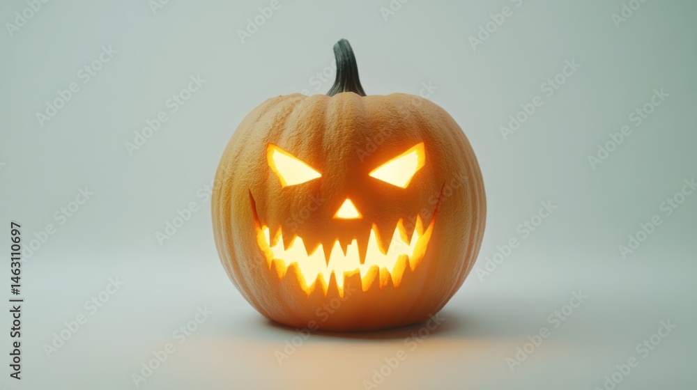 Halloween pumpkin, illuminated jack-o'-lantern, glowing face. A small, orange pumpkin with a carved, sinister face, lit from within. The light shines through the carved details Halloween pumpkin, illuminated jack-o'-lantern, glowing face. A small, orange pumpkin with a carved, sinister face, lit from within. The light shines through the carved details