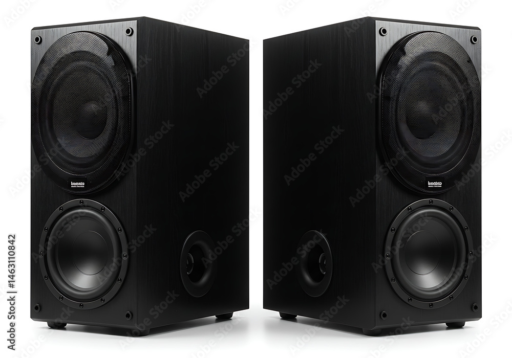 Fototapeta premium Two black sound system speakers standing side by side on a white background in a studio setting