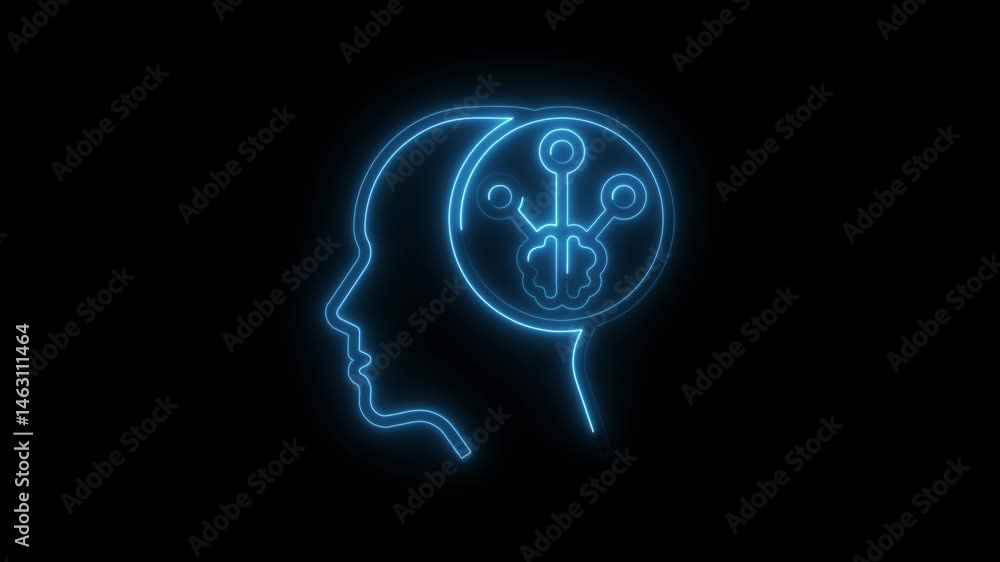 Neon head with brain and network nodes artificial intelligence concept Neon head with brain and network nodes artificial intelligence concept