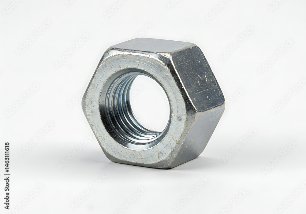A close up shot of a single hex nut with visible threading on a plain white background surface area A close up shot of a single hex nut with visible threading on a plain white background surface area