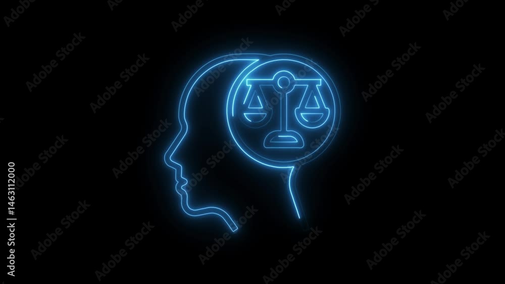 Neon human head outline with scales of justice symbolizing fairness and legal thought Neon human head outline with scales of justice symbolizing fairness and legal thought