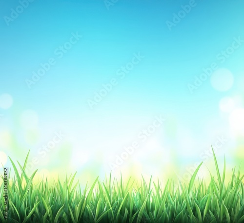 Lush green grass meets a bright, clear sky.  A tranquil, spring-like scene with soft sunlight and bokeh
