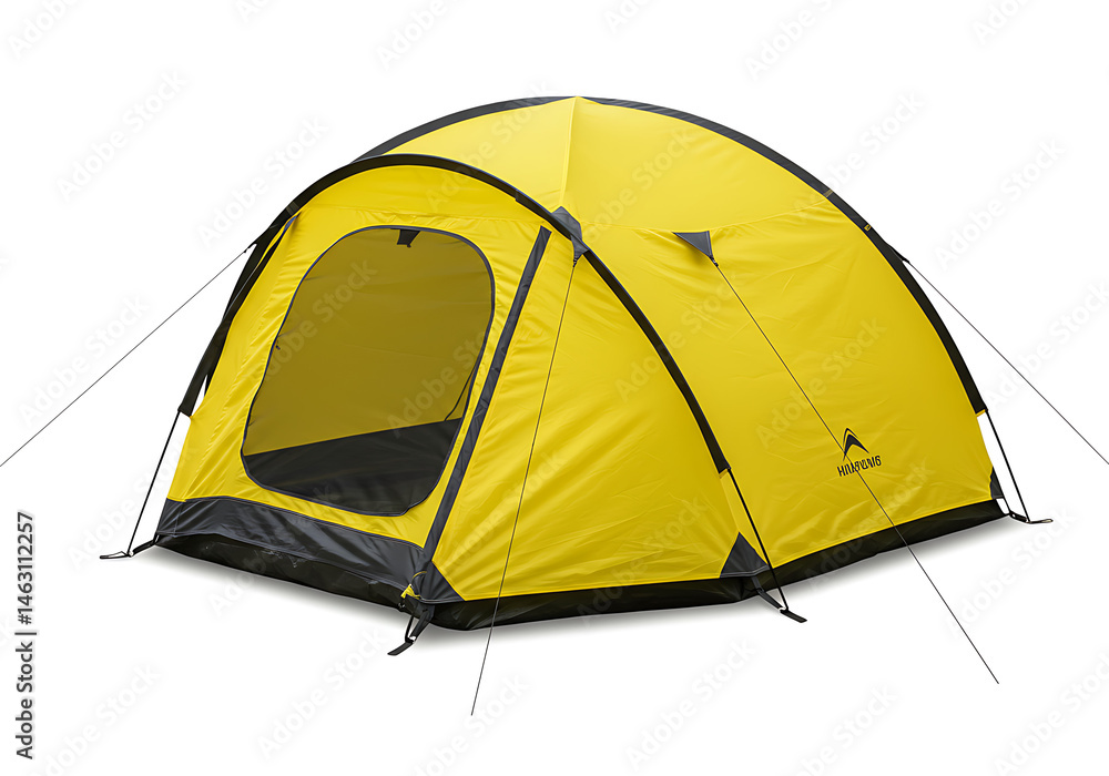 A bright yellow camping tent with black trim and a window on a white background for outdoor adventures A bright yellow camping tent with black trim and a window on a white background for outdoor adventures