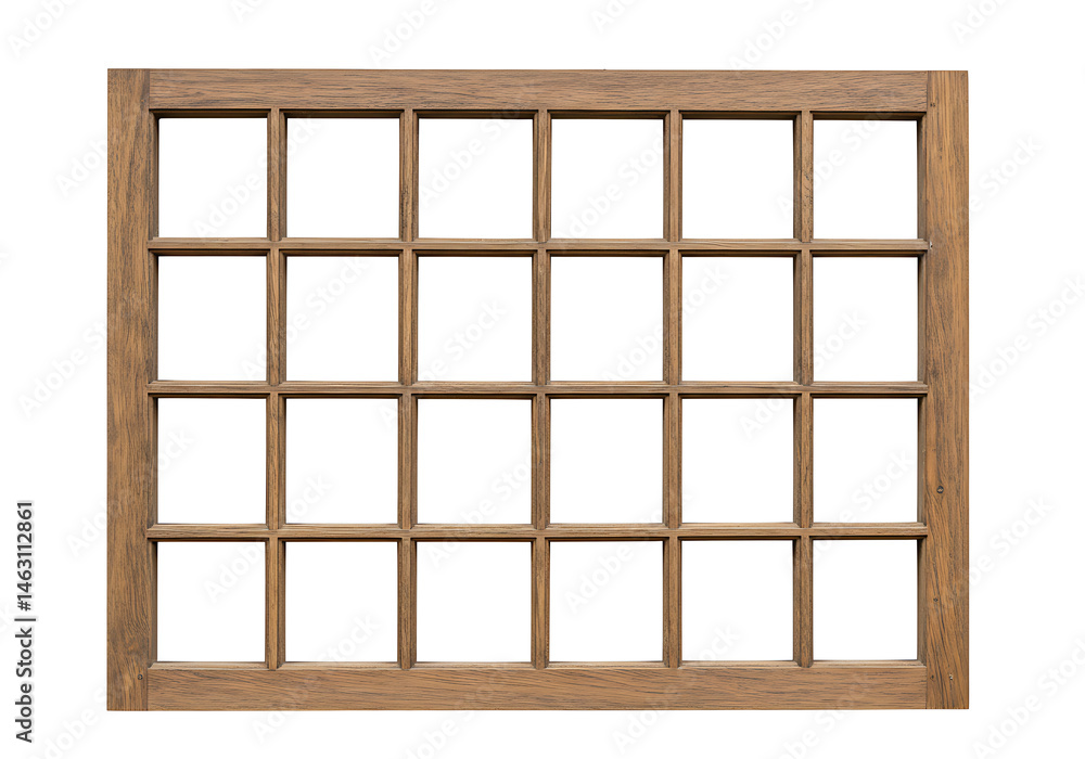 A wooden window frame with twenty four panes on a white background in a studio setting view A wooden window frame with twenty four panes on a white background in a studio setting view