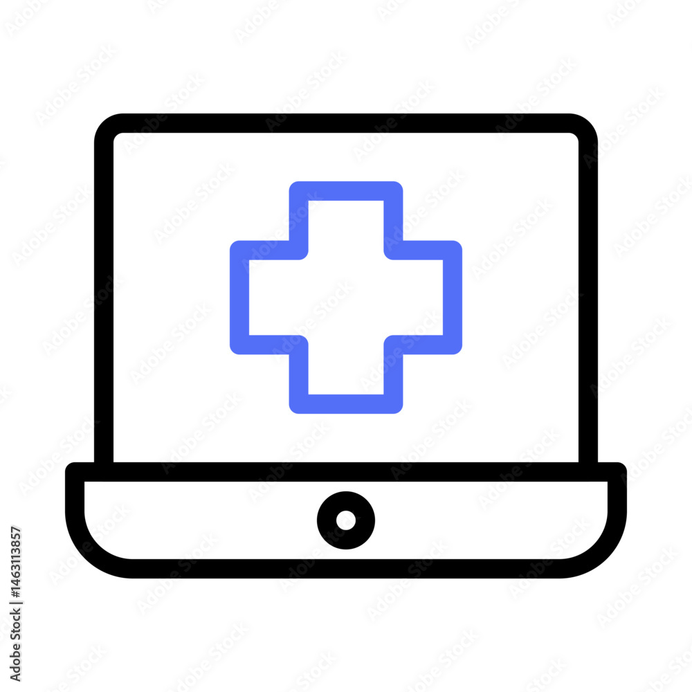 Digital healthcare access illustration featuring a plus sign on a laptop screen Digital healthcare access illustration featuring a plus sign on a laptop screen