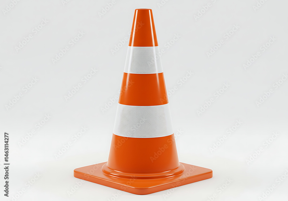 A single traffic cone with orange and white stripes on a white background in a studio setting A single traffic cone with orange and white stripes on a white background in a studio setting