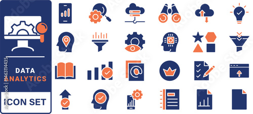 Data driven line icon set. Editable stroke. Containing as big data, data mining, algorithm, analytics, machine learning, ai, science, warehouse, database, dataset and more.