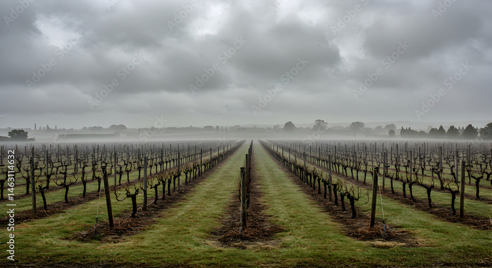 Fototapeta premium Vineyard Under Moody Skies: Winter Row Landscape And Misty Horizon