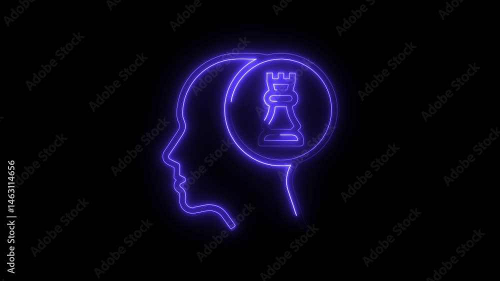 Human head silhouette with chess rook inside neon style strategic thinking Human head silhouette with chess rook inside neon style strategic thinking