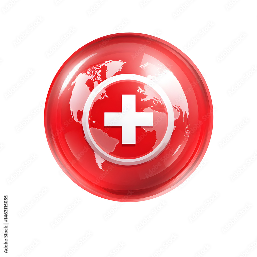 Obraz premium 3D of a minimalist red circular bubble containing a white medical cross and a globe representing international healthcare and emergency assistance