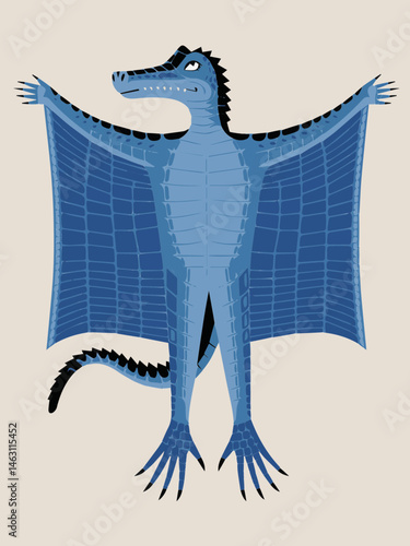 Cartoon Blue Flying Reptile with Outstretched Wings and Scaly Texture