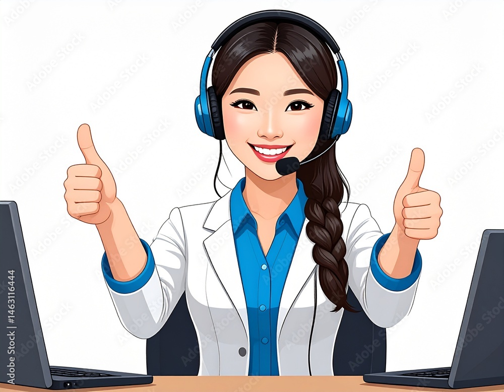 ノートパソコンの前でヘッドホンとマイクを付けて白衣を着た女性オペレーターが指でいいねGOODサインをするイラスト。白背景。AIで生成 ノートパソコンの前でヘッドホンとマイクを付けて白衣を着た女性オペレーターが指でいいねGOODサインをするイラスト。白背景。AIで生成