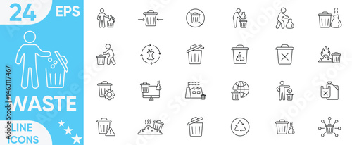 Waste icon set.Recycle, recycling, litter, trash, transport, organic, plastic, sorting, pollution, landfill, waste, composting, sorting and more.Vector and illustrator set.