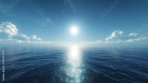 Earth glowing in blue light with a shining horizon and stars scattered across the cosmic sky