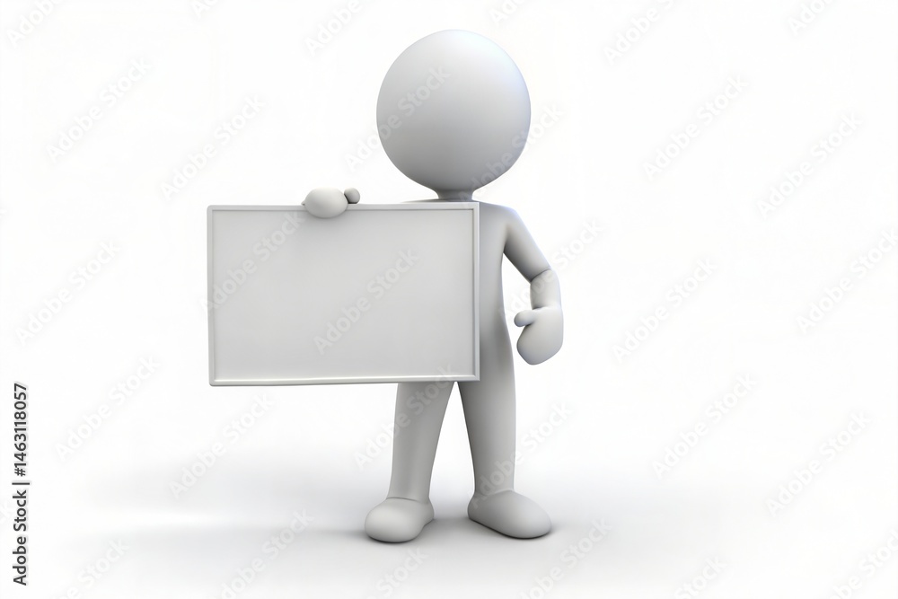 3D white character holding blank sign on clean background presentation concept 3D white character holding blank sign on clean background presentation concept