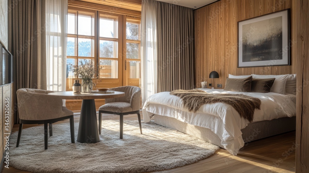Fototapeta premium Cozy mountain retreat with elegant decor and natural light