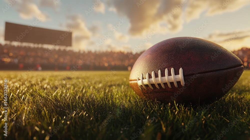 A close-up of a football resting on grass, with a stadium in the background during sunset. A close-up of a football resting on grass, with a stadium in the background during sunset.
