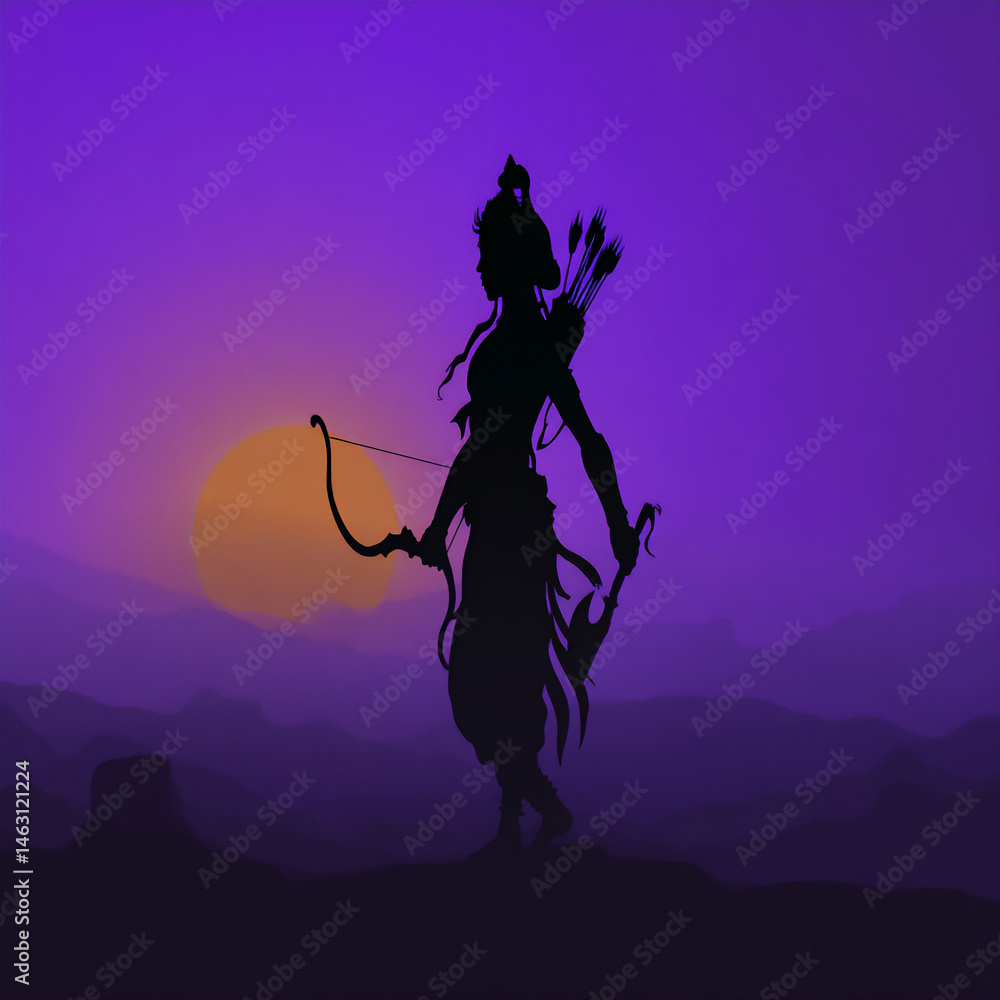 heroic silhouette with bow and axe against lunar backdrop heroic silhouette with bow and axe against lunar backdrop
